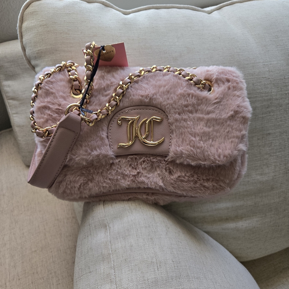 Juicy Couture Pink Faux Fur Shoulder Bag with Gold Chain